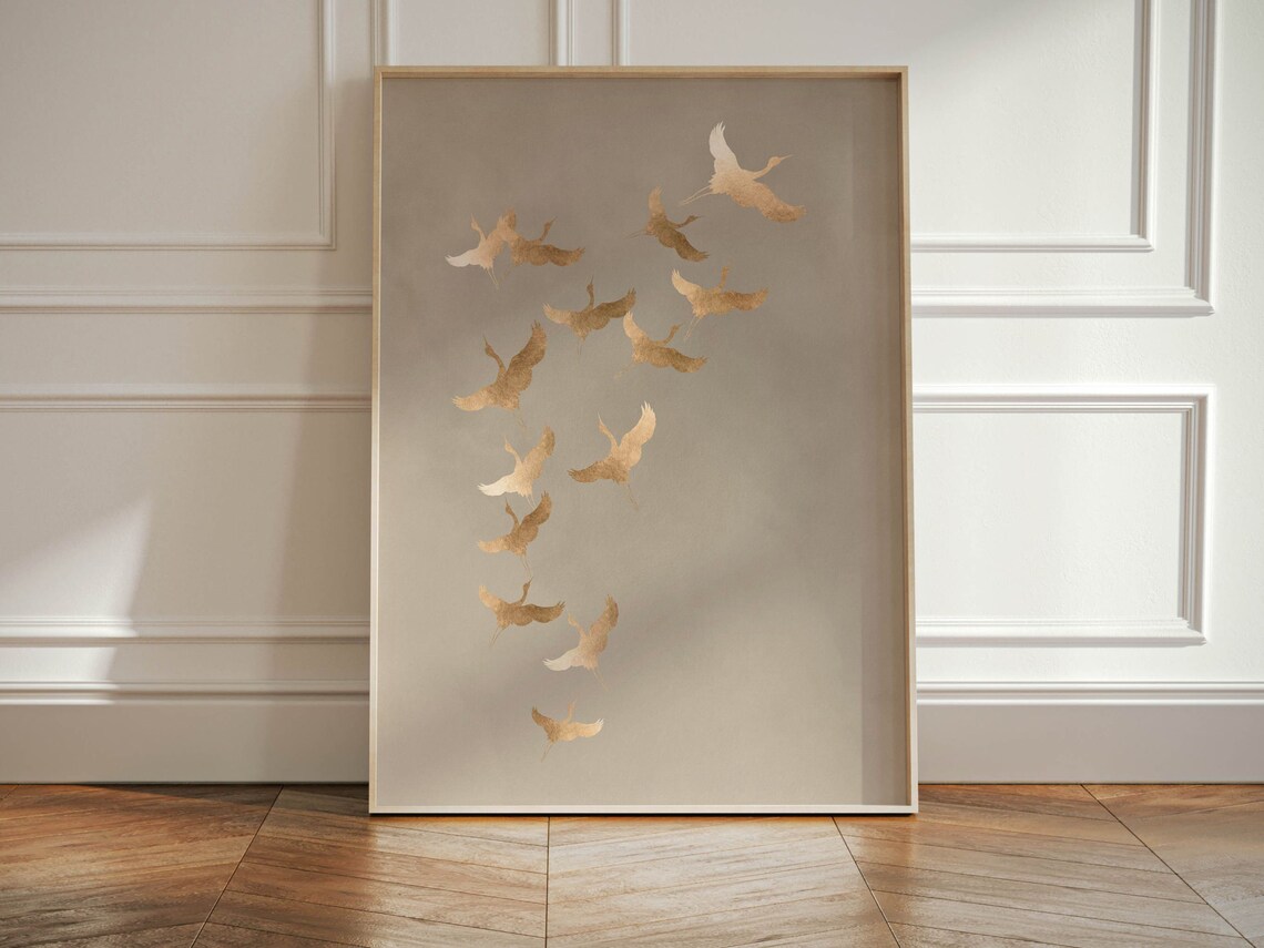 Japanese Cranes Beige And Gold Art Print - Image 2