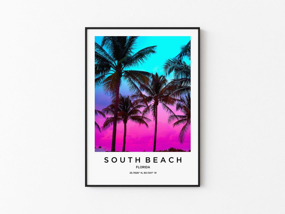 South Beach Florida Palm Silhouettes Pink Sunset Miami Beach Poster