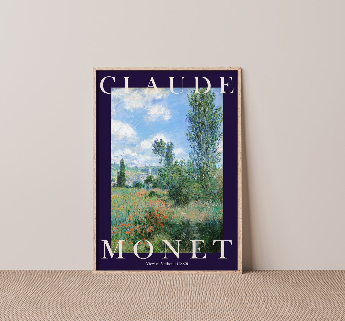 Claude Monet View of Vetheuil 1880 Poppy Field Navy Border Poster - Image 2