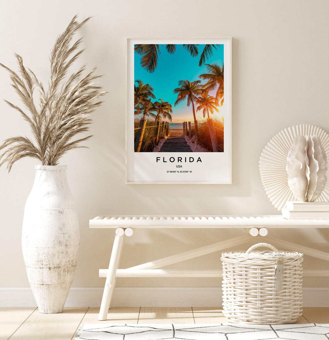 Florida Beach Boardwalk Palm Trees Golden Sunset Travel Poster - Image 3