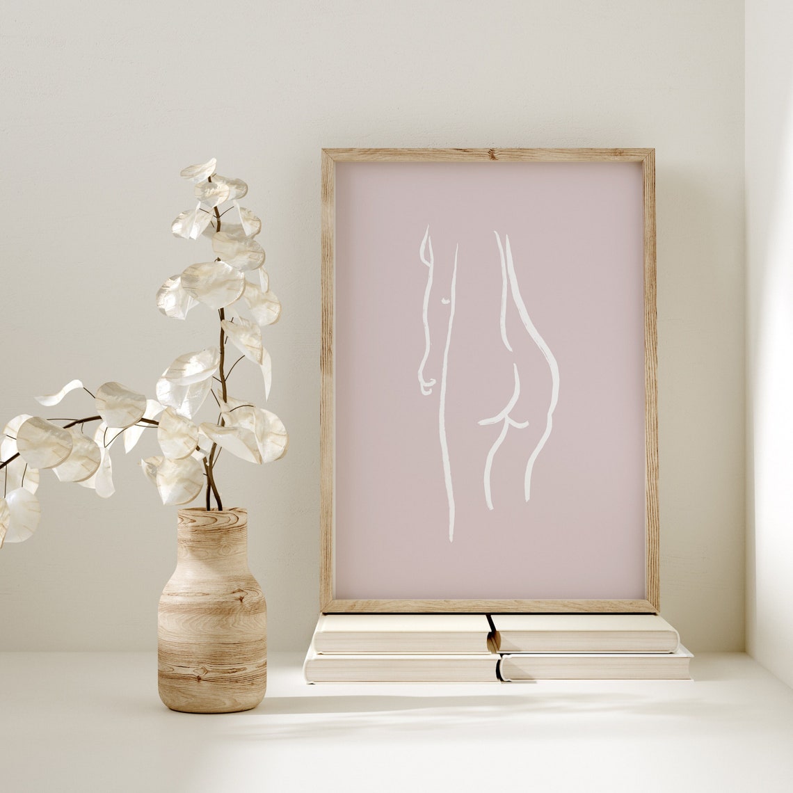 Nude Woman Minimalist White Line Drawing Blush Pink Body Poster