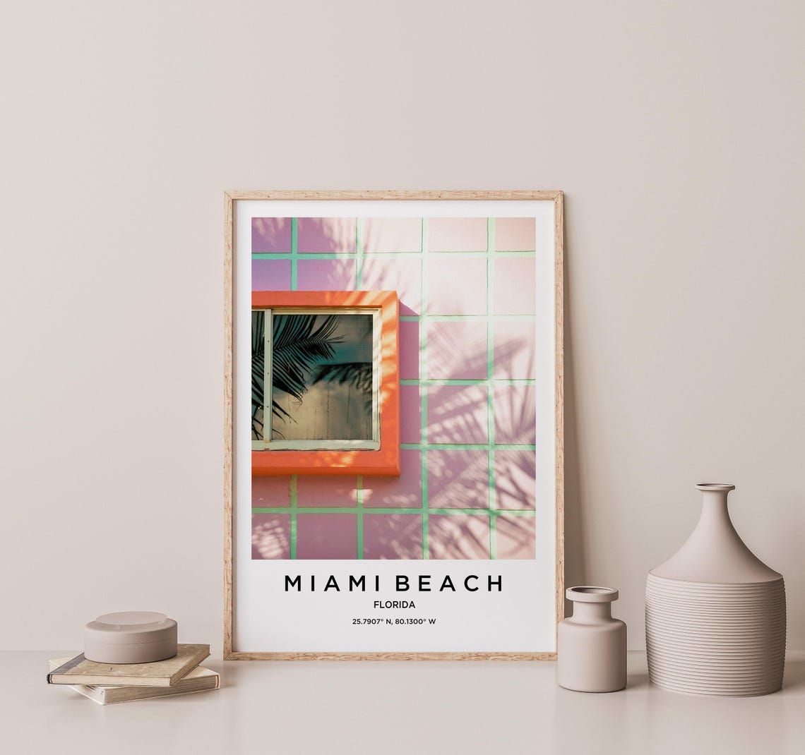 Miami Beach Pink Tiled Wall Orange Window Palm Shadows Design Poster - Image 2