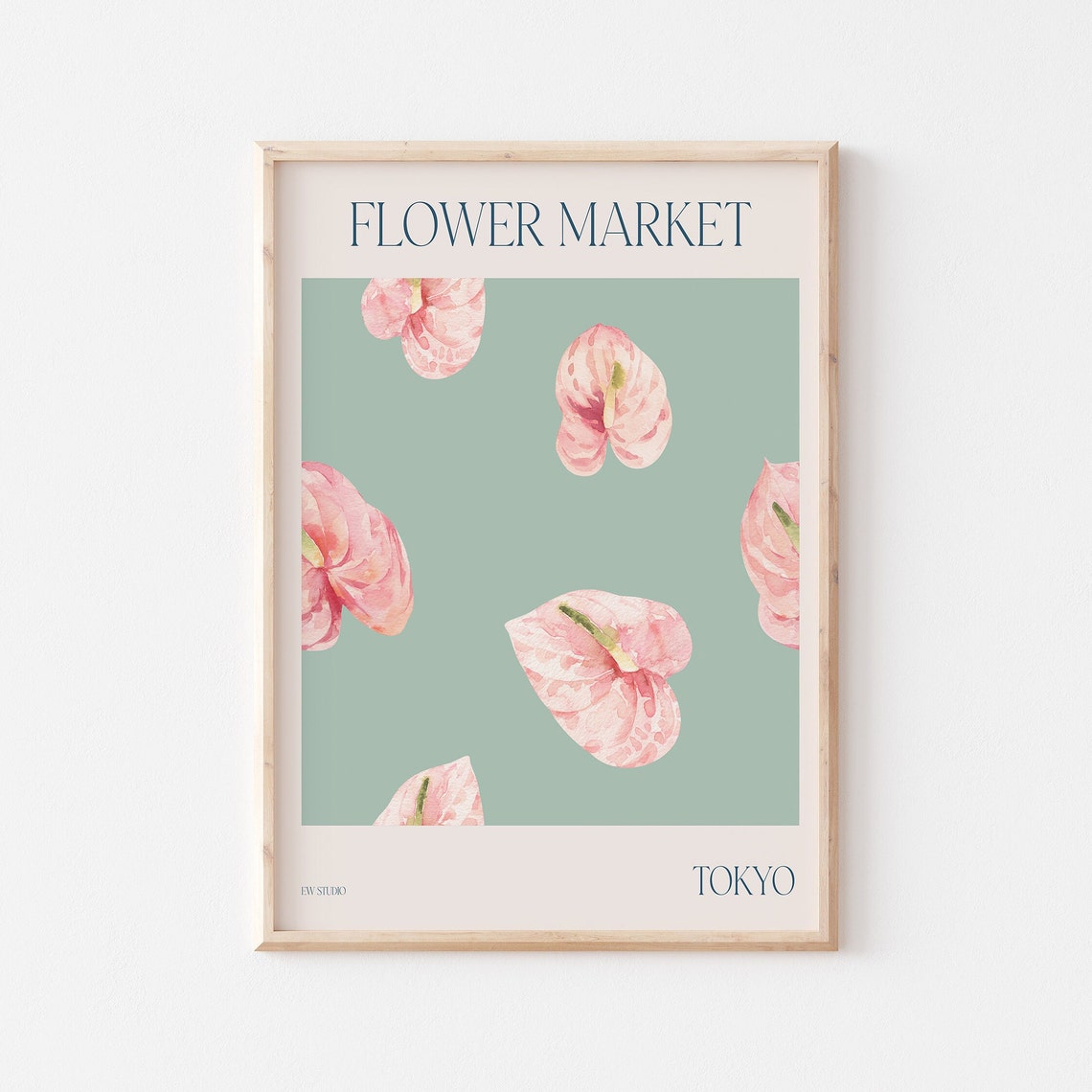 Flower Market Tokyo Pink Anthuriums on Sage Green Travel Poster
