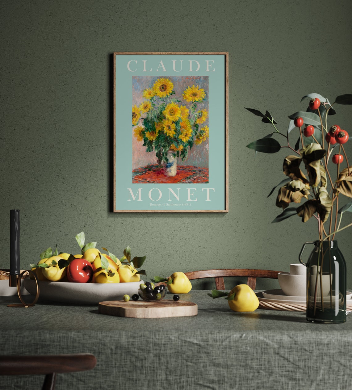 Claude Monet Bouquet of Sunflowers 1881 Mint Green Border Poster - Image 2