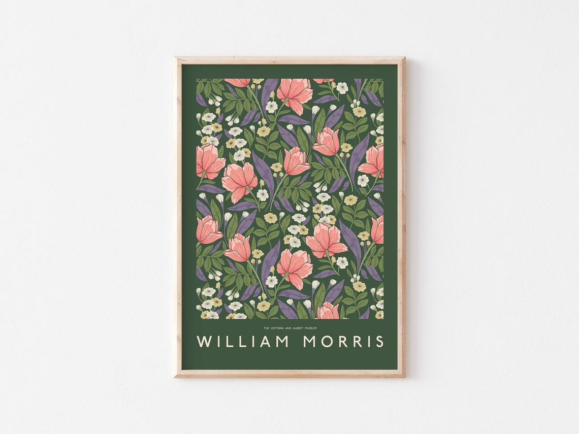 William Morris Pink Flowers Dark Green Botanical Pattern Poster - Image 3