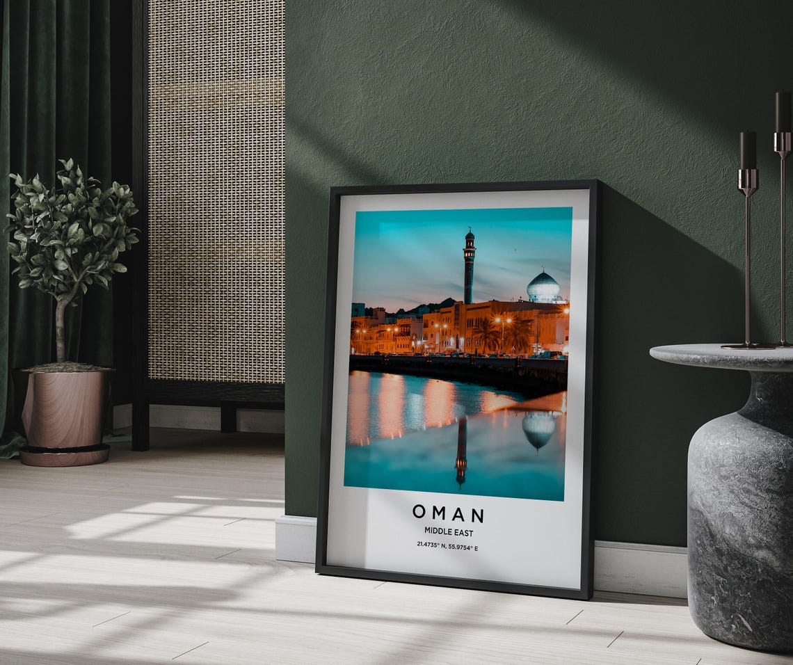 Oman Mosque Minaret Waterfront Dusk Reflection Travel Poster - Image 2