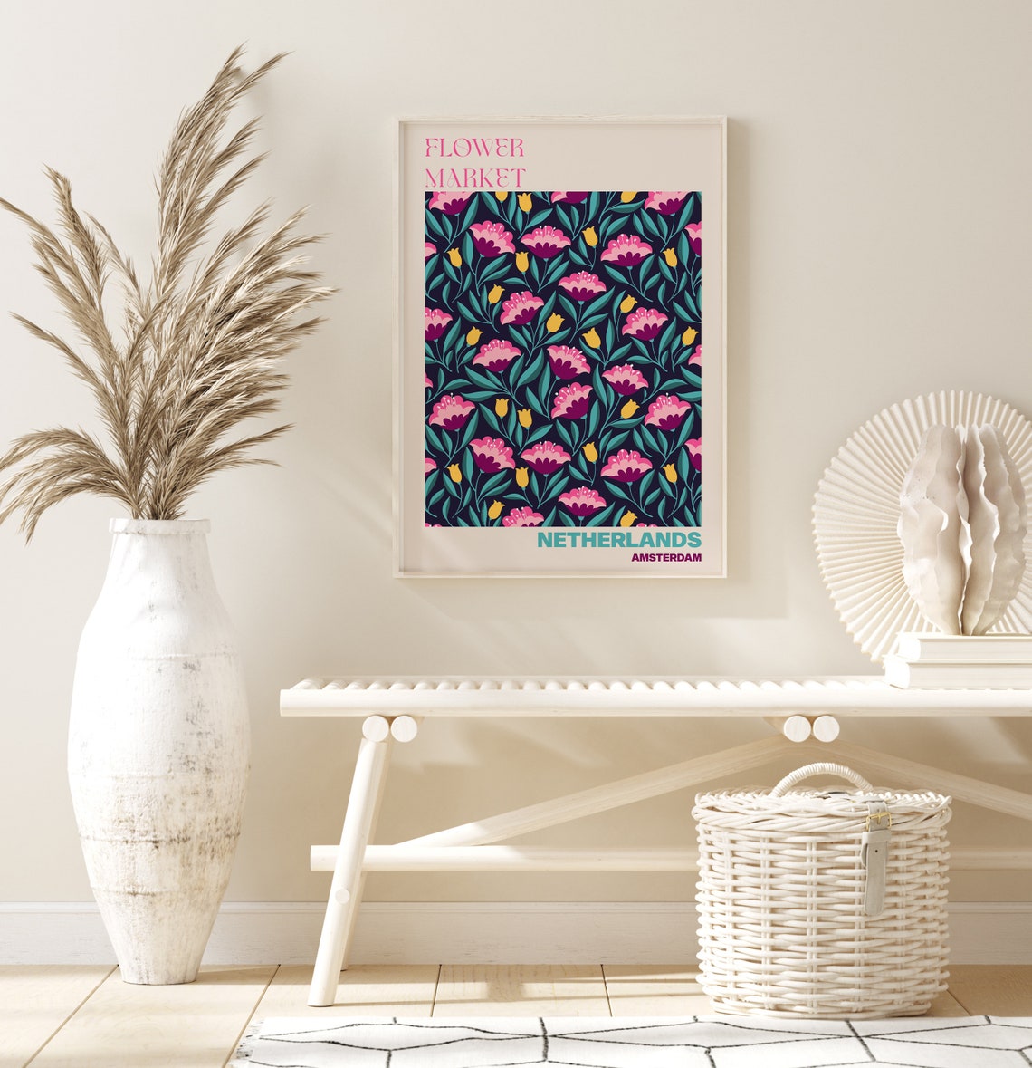 Netherlands Amsterdam Flower Market Pink Tulip Night Art Poster - Image 2