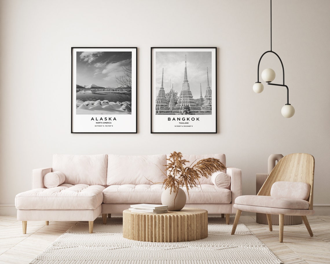 Bangkok Thailand Ornate Temple Chedis Spires Black White Travel Poster - Image 2