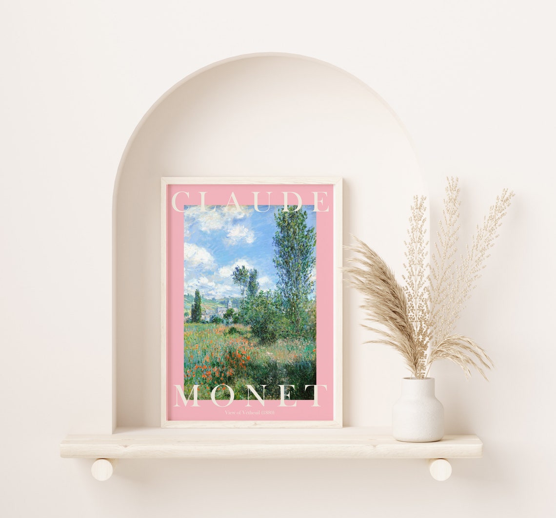 Claude Monet View of Vetheuil 1880 Poppy Meadow Pink Border Poster - Image 2