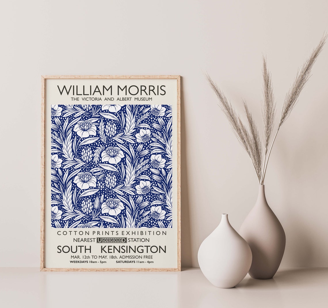 William Morris Cotton Prints Exhibition Blue Floral Art Poster