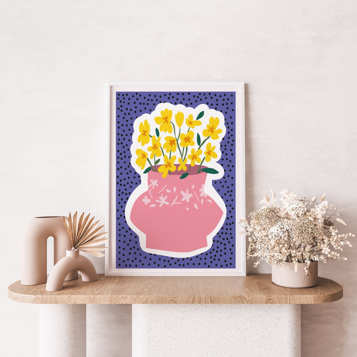Pop Art Yellow Flowers Pink Vase Purple Polka Dot Art Poster