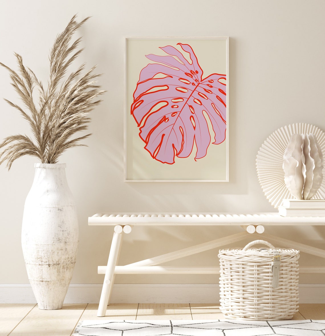 Pink and Red Monstera Leaf Botanical Illustration Wall Poster - Image 2