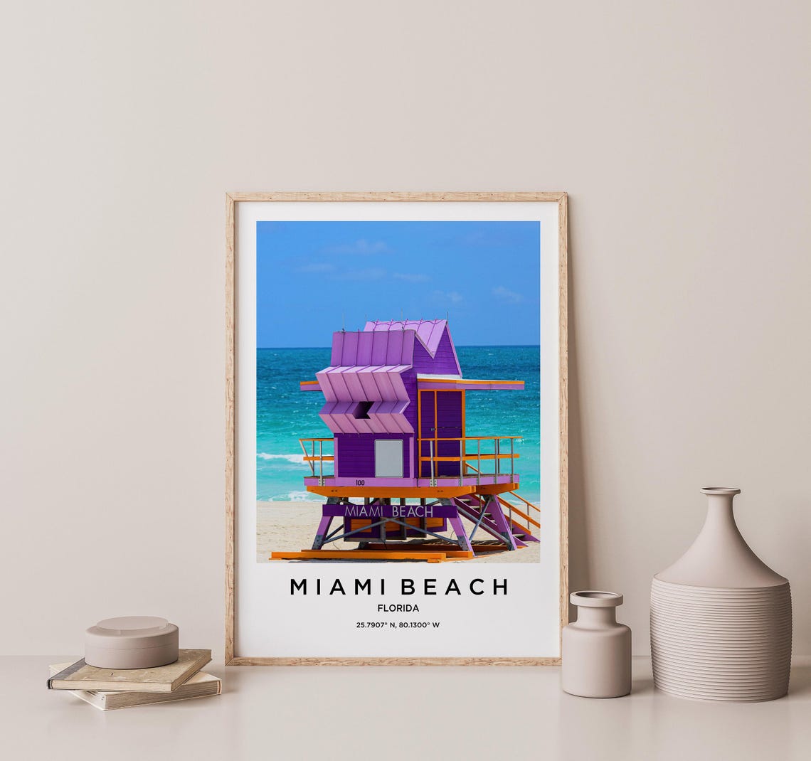 Miami Beach Purple Lifeguard Tower Over Turquoise Ocean Poster - Image 2