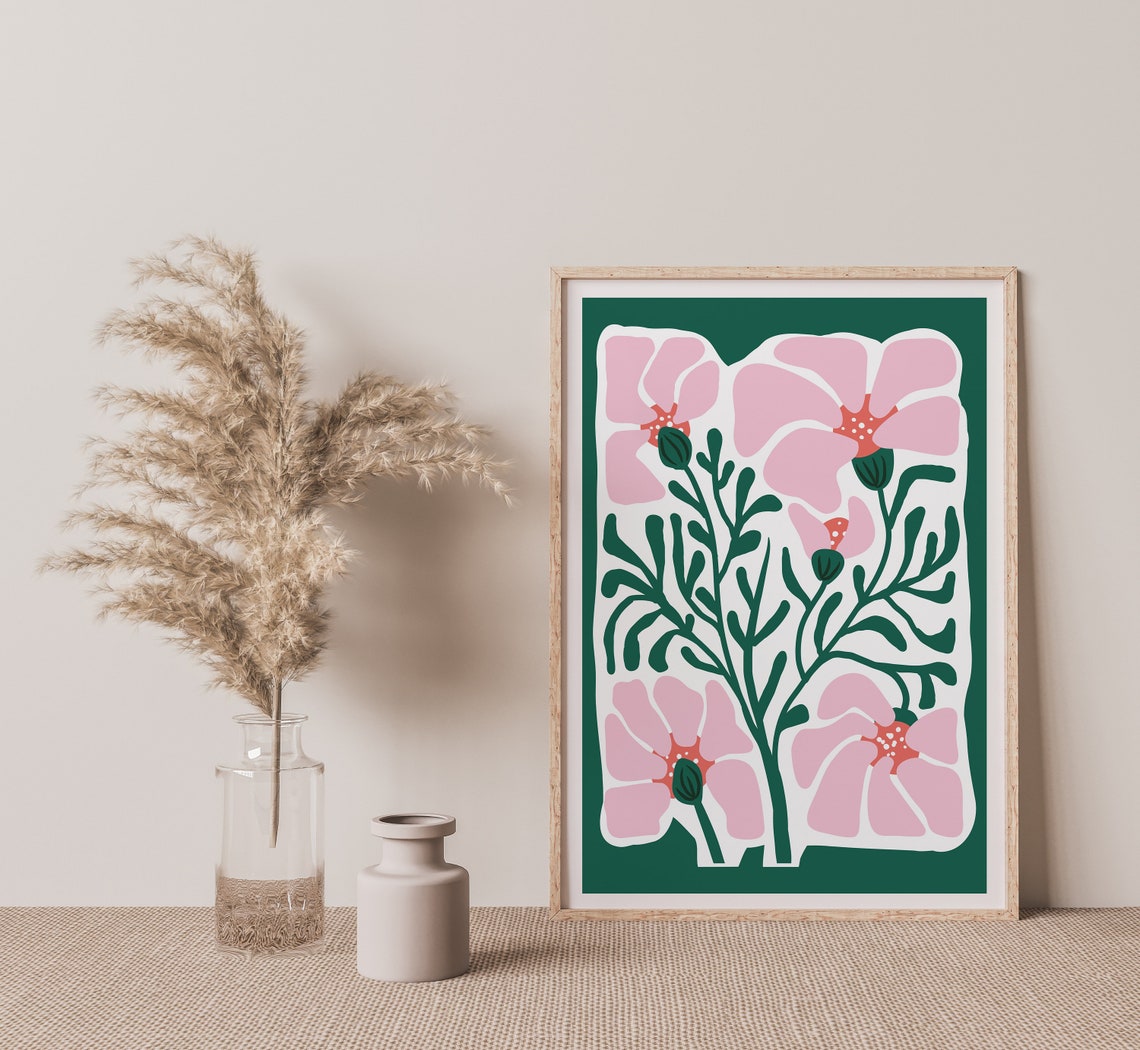 Bold Pink Flowers Deep Green Modern Floral Botanical Art Poster