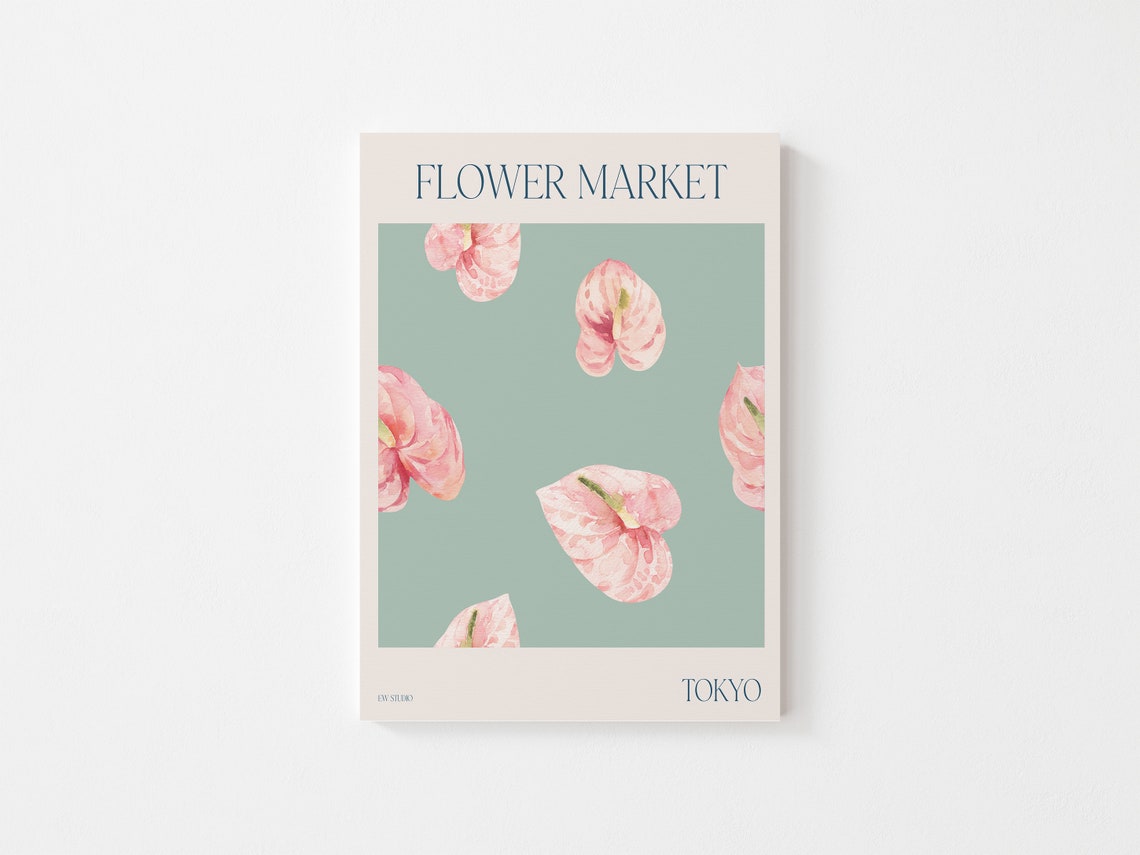 Flower Market Tokyo Pink Anthuriums on Sage Green Travel Poster - Image 2