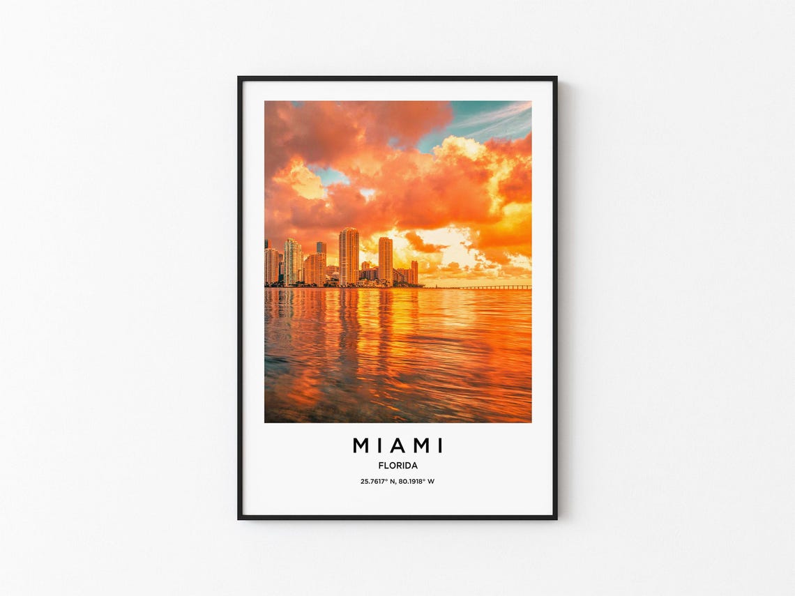 Miami Florida Fiery Orange Sunset Skyline Water Reflection Poster
