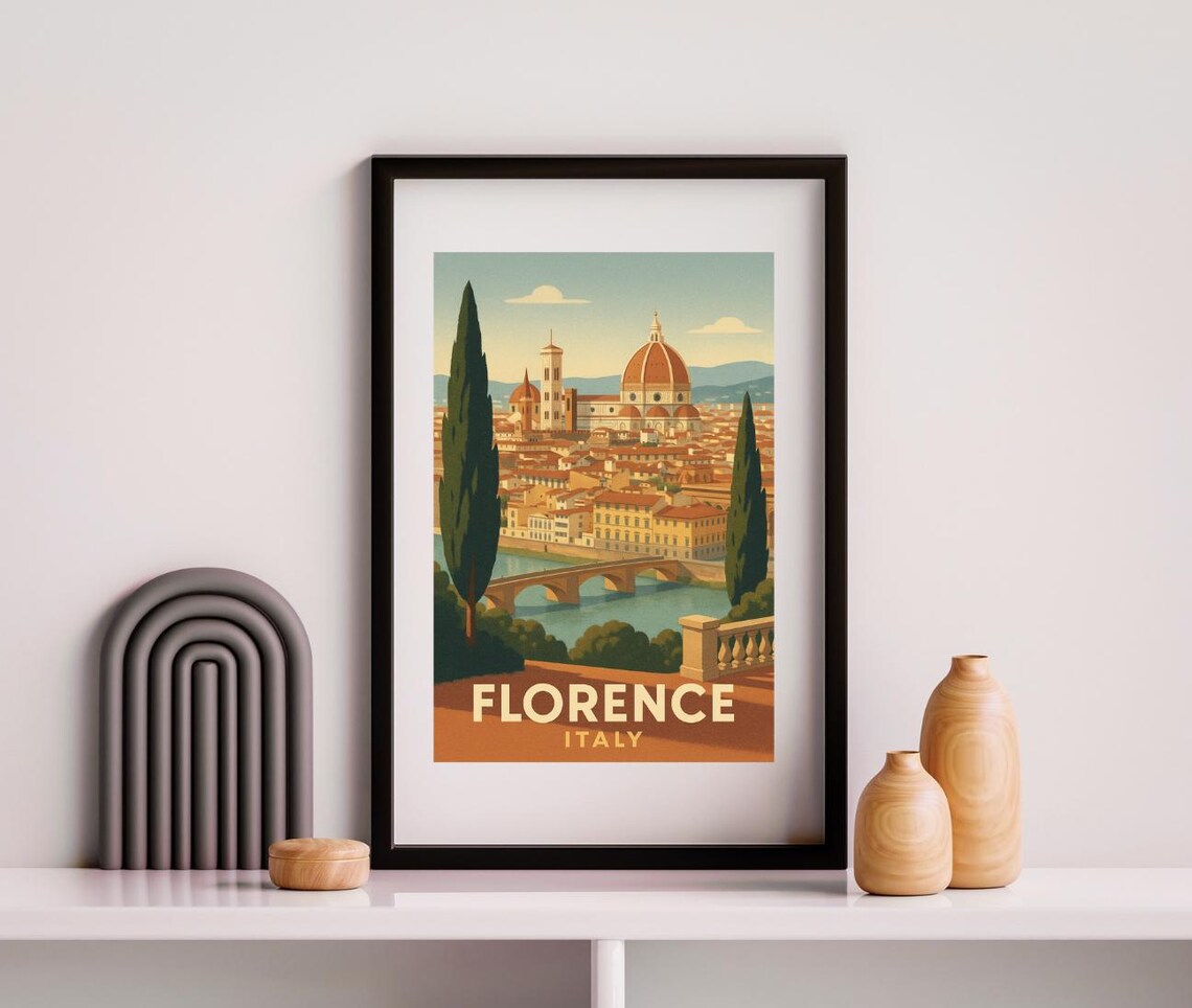 Florence Italy Vintage Duomo and Arno Bridge Travel Wall Poster