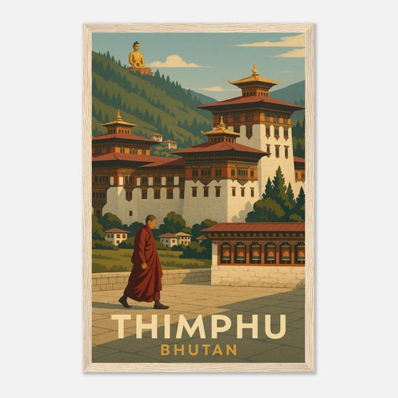 Thimphu Bhutan Vintage Travel Poster Peaceful Temple Scene Wall Art Monk Walking Under Buddha Statue Himalayan Decor