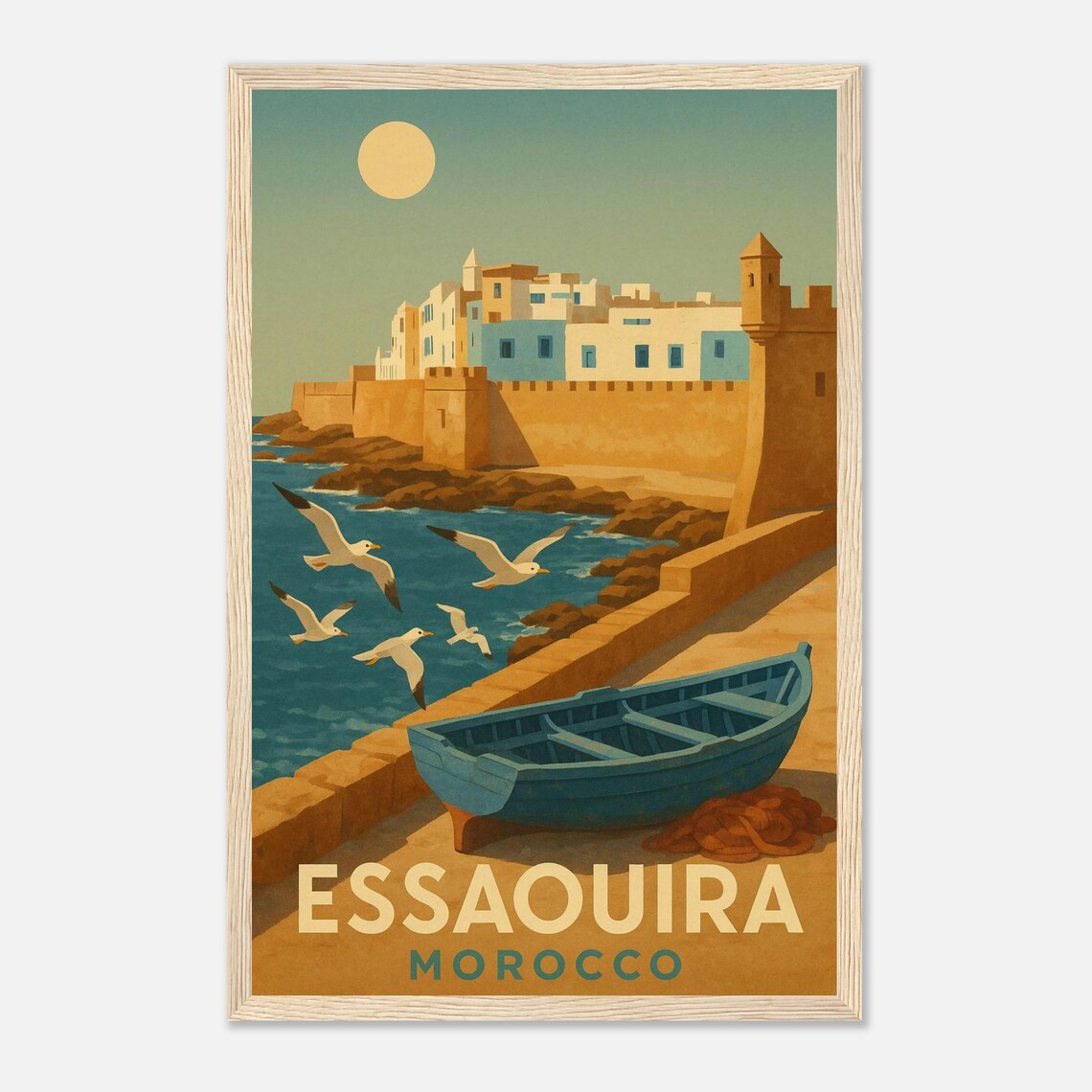 Essaouira Morocco Seaside Medina Walls With Blue Boat Poster
