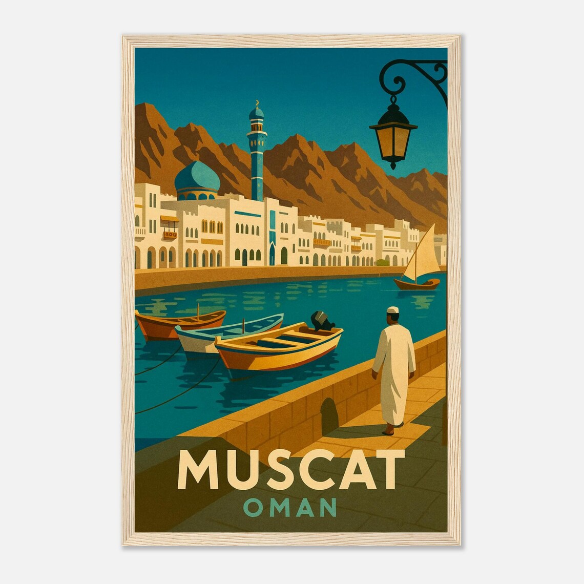 Muscat Oman Souq Harbor Mosque Mountain Vintage Travel Poster