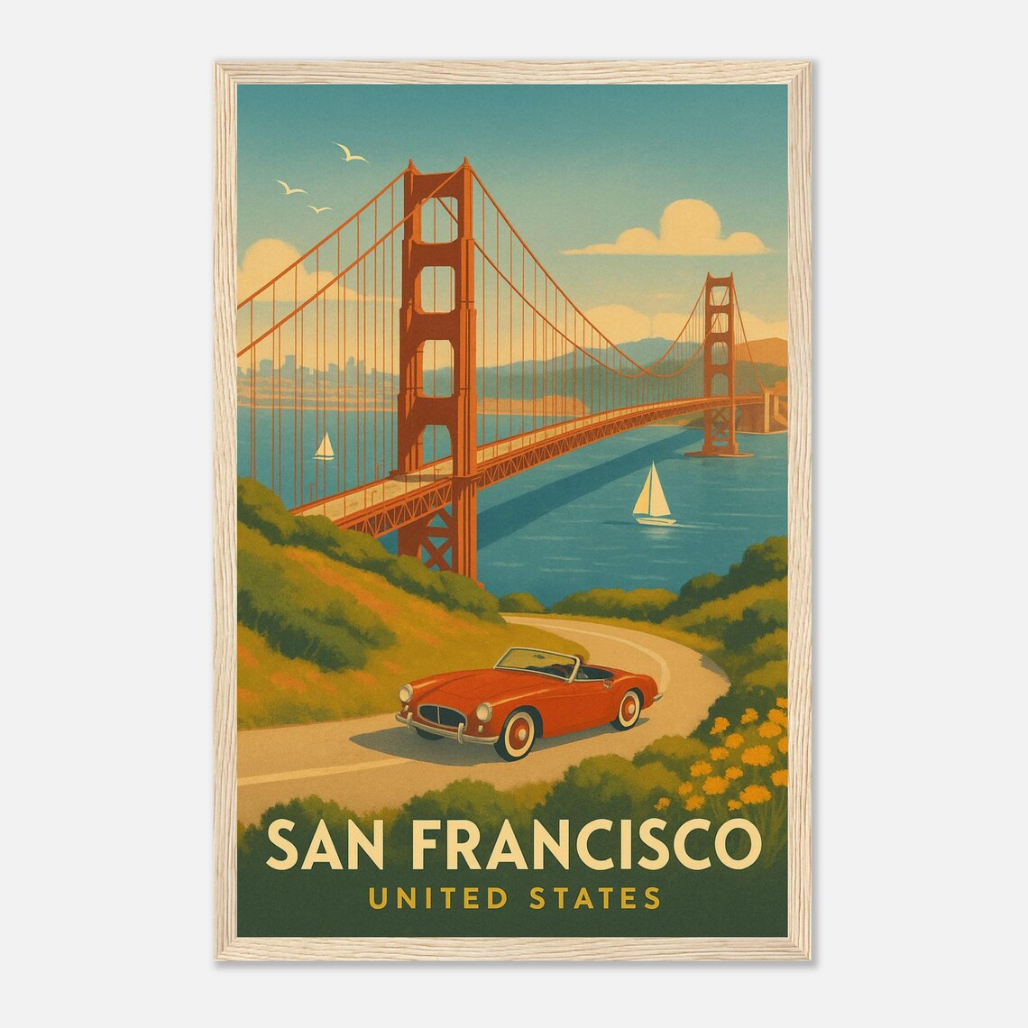 San Francisco Golden Gate Bridge With Classic Red Convertible Poster