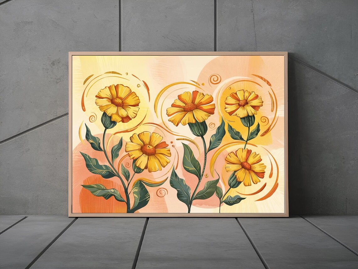 Golden Marigold Flowers With Artistic Swirls Warm Nature Wall Art - Image 2