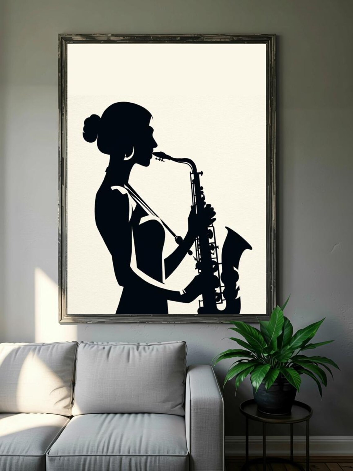 Female Saxophonist Silhouette Black Cream Jazz Musician Decor Print - Image 2