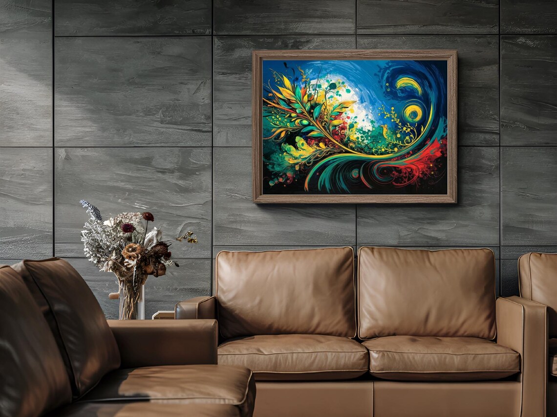 Vibrant Abstract Floral Wave Colorful Leaves Dark Blue Art Print - Image 2