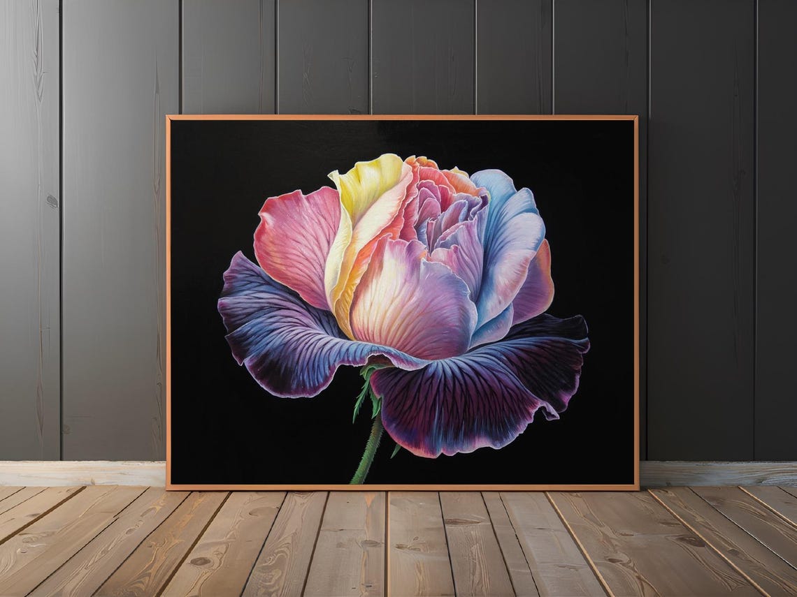 Juliet Rose Striated Ruffled Petals Pink Blue Floral Wall Art - Image 3