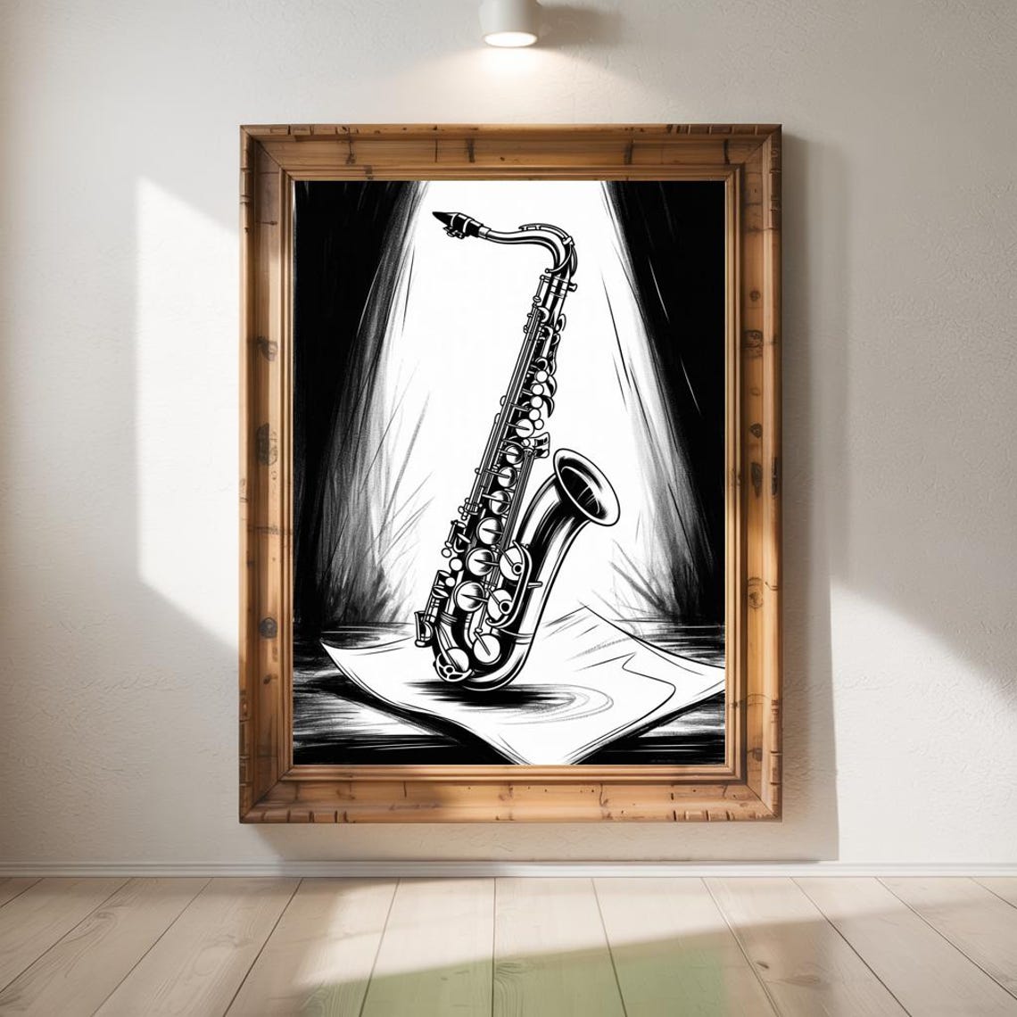 Black and White Saxophone Under Stage Spotlight Music Poster - Image 3