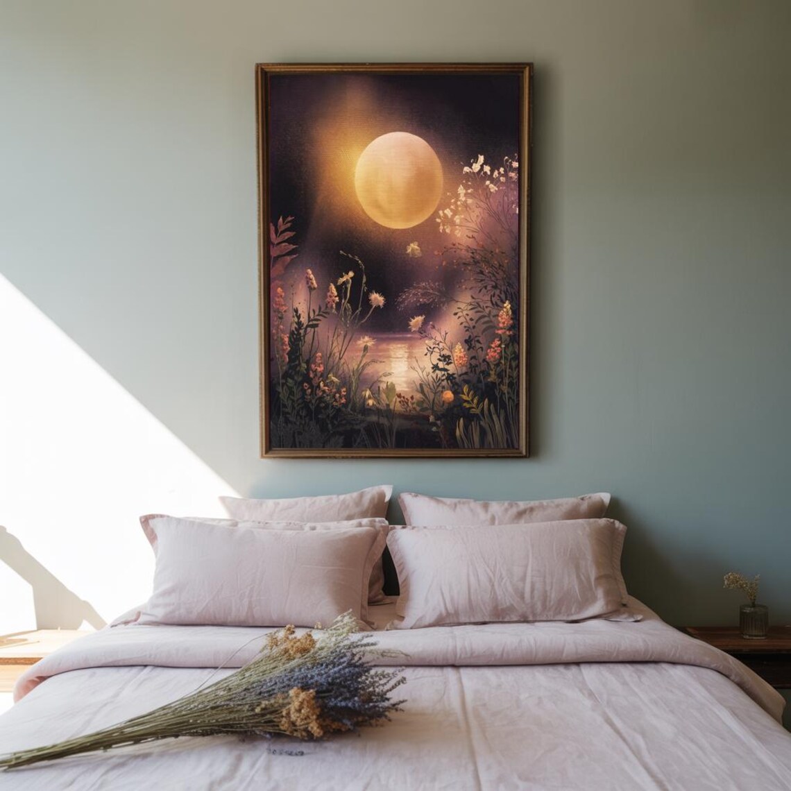 Golden Full Moon Over Night Wildflowers and Still Water Poster - Image 2