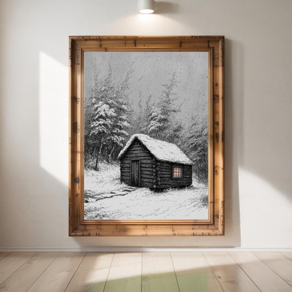 Snow Covered Log Cabin in Winter Forest Black and White Ink Drawing Poster