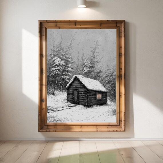 Snow Covered Log Cabin in Winter Forest Black and White Ink Drawing Poster