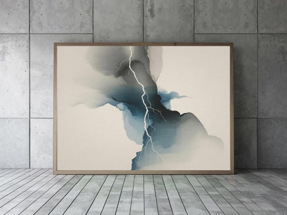 Abstract Lightning Wall Art Stormy Blue Ink Print Bold Weather Poster Modern Thunderstorm Decor