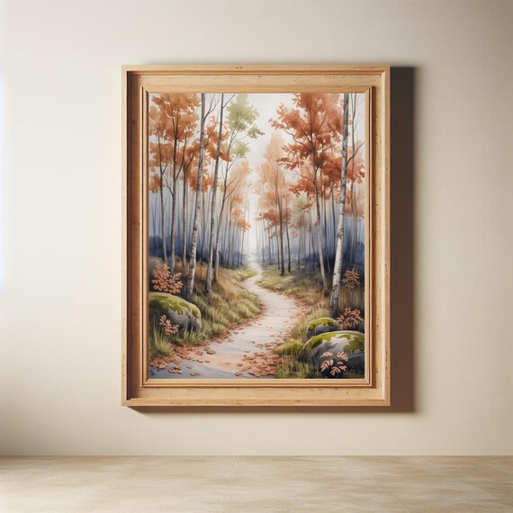Autumn Forest Path Birch Trees Watercolor Fall Landscape Poster