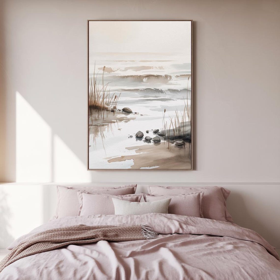 Soft Coastal Shoreline Waves Rocks Reeds Watercolor Beach Poster