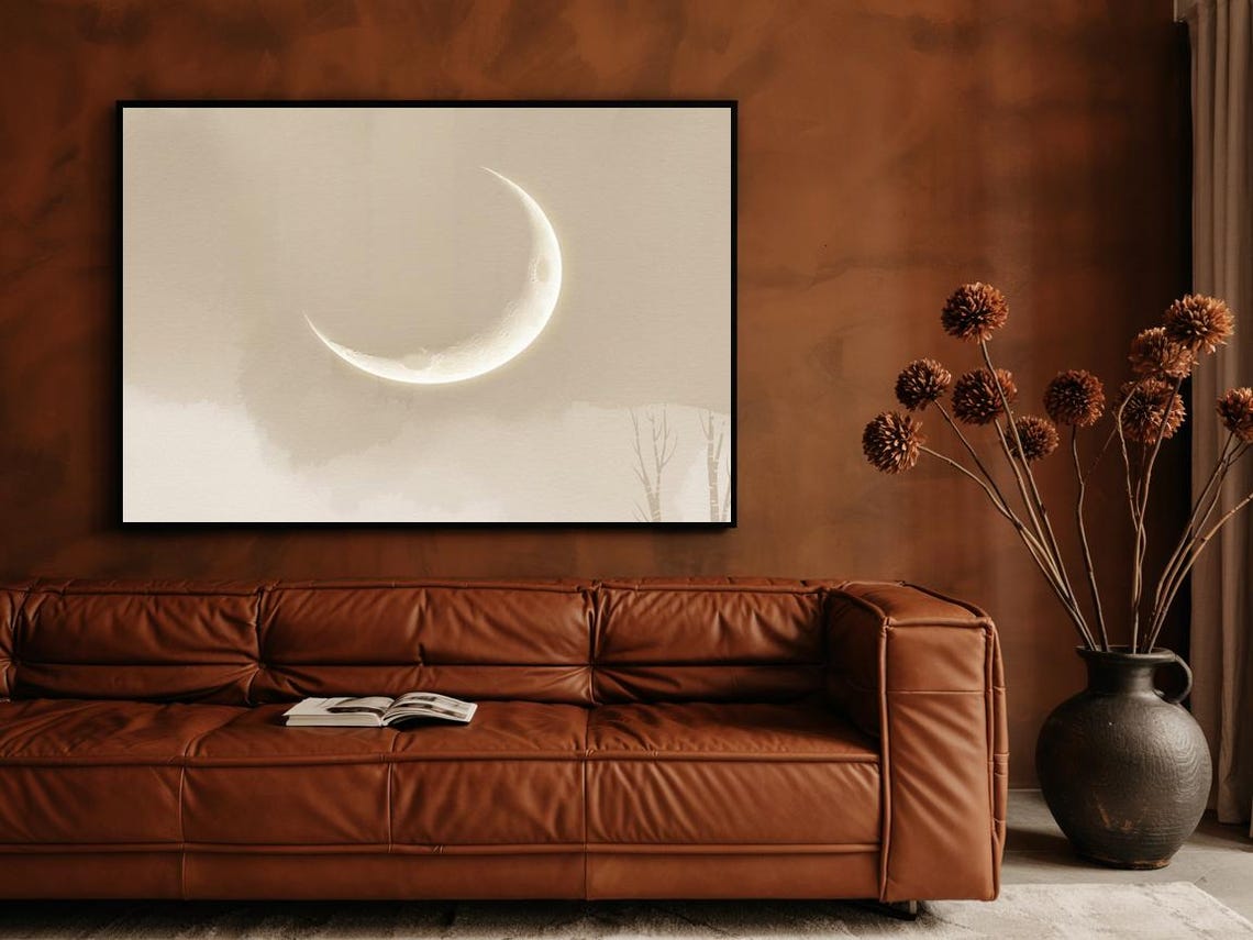 Dreamy Crescent Moon Soft Beige Watercolor Minimalist Night Sky Poster - Image 2