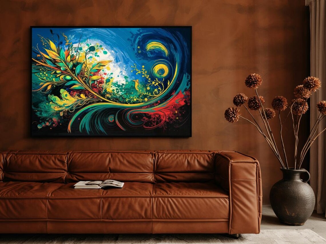 Vibrant Abstract Floral Wave Colorful Leaves Dark Blue Art Print - Image 3