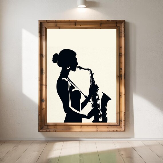 Female Saxophonist Silhouette Black Cream Jazz Musician Decor Print