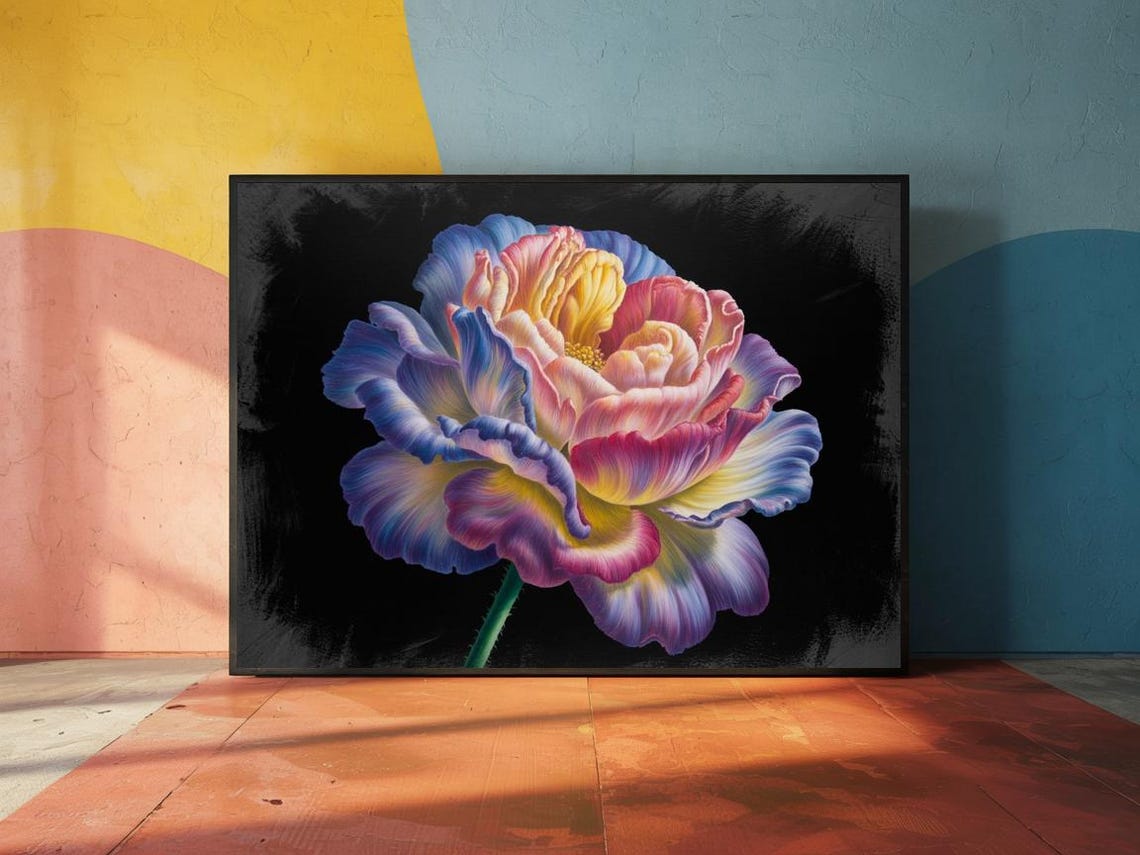 Colorful Peony Flower Bloom Black Background Botanical Art Poster - Image 3
