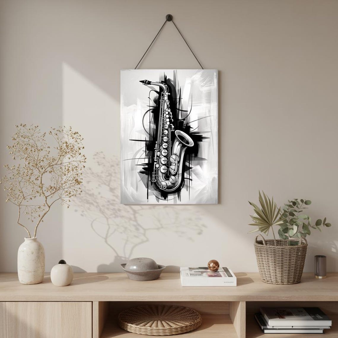 Black and White Abstract Saxophone With Bold Ink Strokes Poster - Image 3