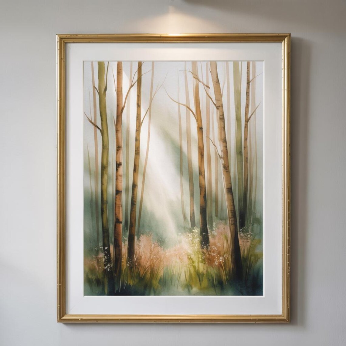 Soft Morning Light in Birch Forest Sunbeams Watercolor Woodland Poster