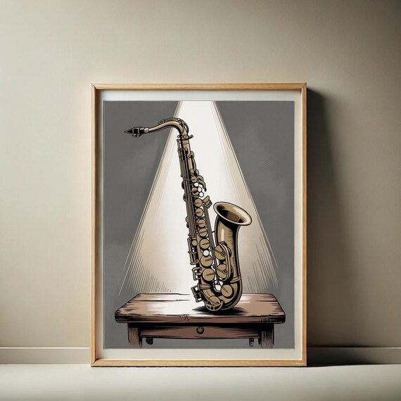 Golden Saxophone Spotlight Wooden Table Vintage Engraved Jazz Music Poster