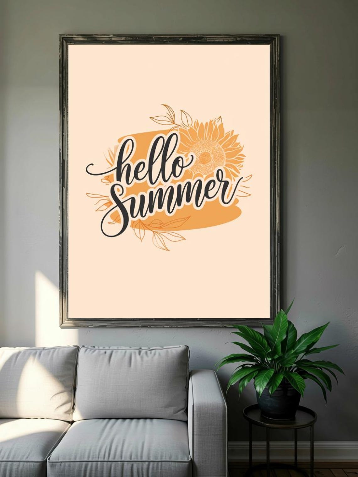 Hello Summer Sunflower Script Warm Peach Boho Floral Art Poster - Image 3