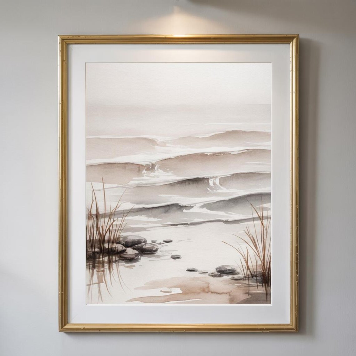 Minimalist Watercolor Seashore with Rolling Waves and Beach Grass Poster - Image 3