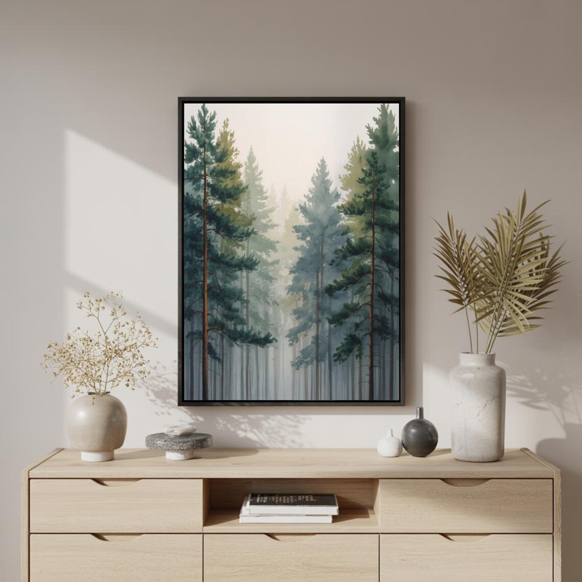 Misty Pine Forest Watercolor Square Green Nature Landscape Poster - Image 2