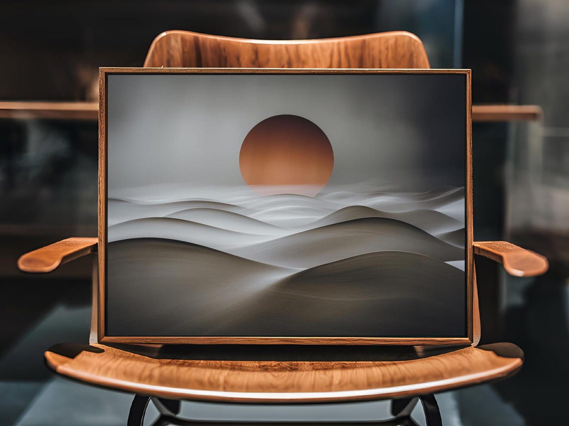 Burnt Orange Sun Over Rolling Gray Sand Dunes Minimalist Poster - Image 2