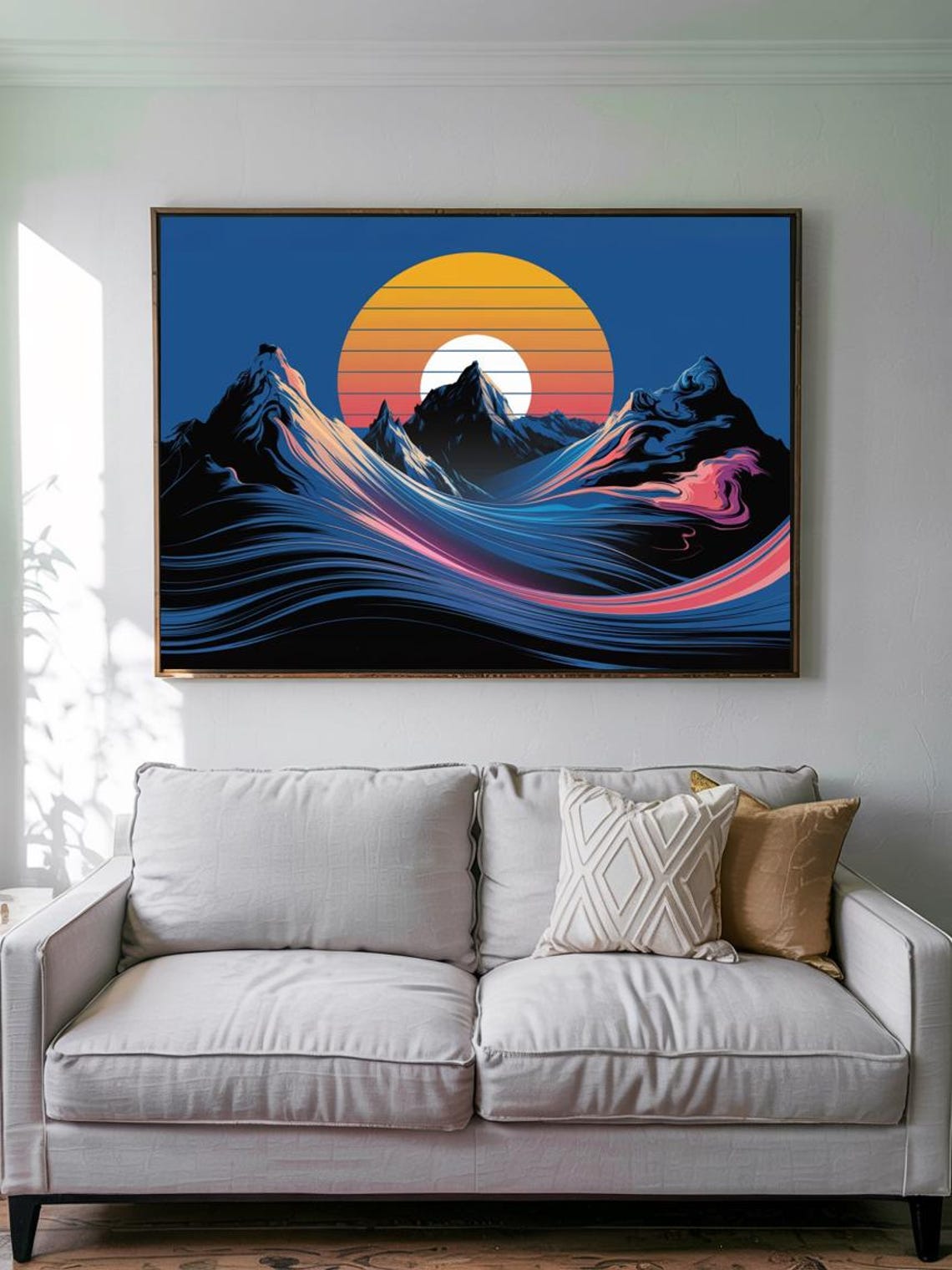 Retro Synthwave Mountain Sunset Orange Striped Sun Art Poster - Image 3