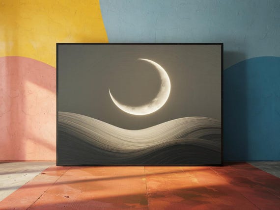 Crescent Moon Wall Art Dreamy Lunar Print Minimalist Moonlight Poster Neutral Night Sky Decor
