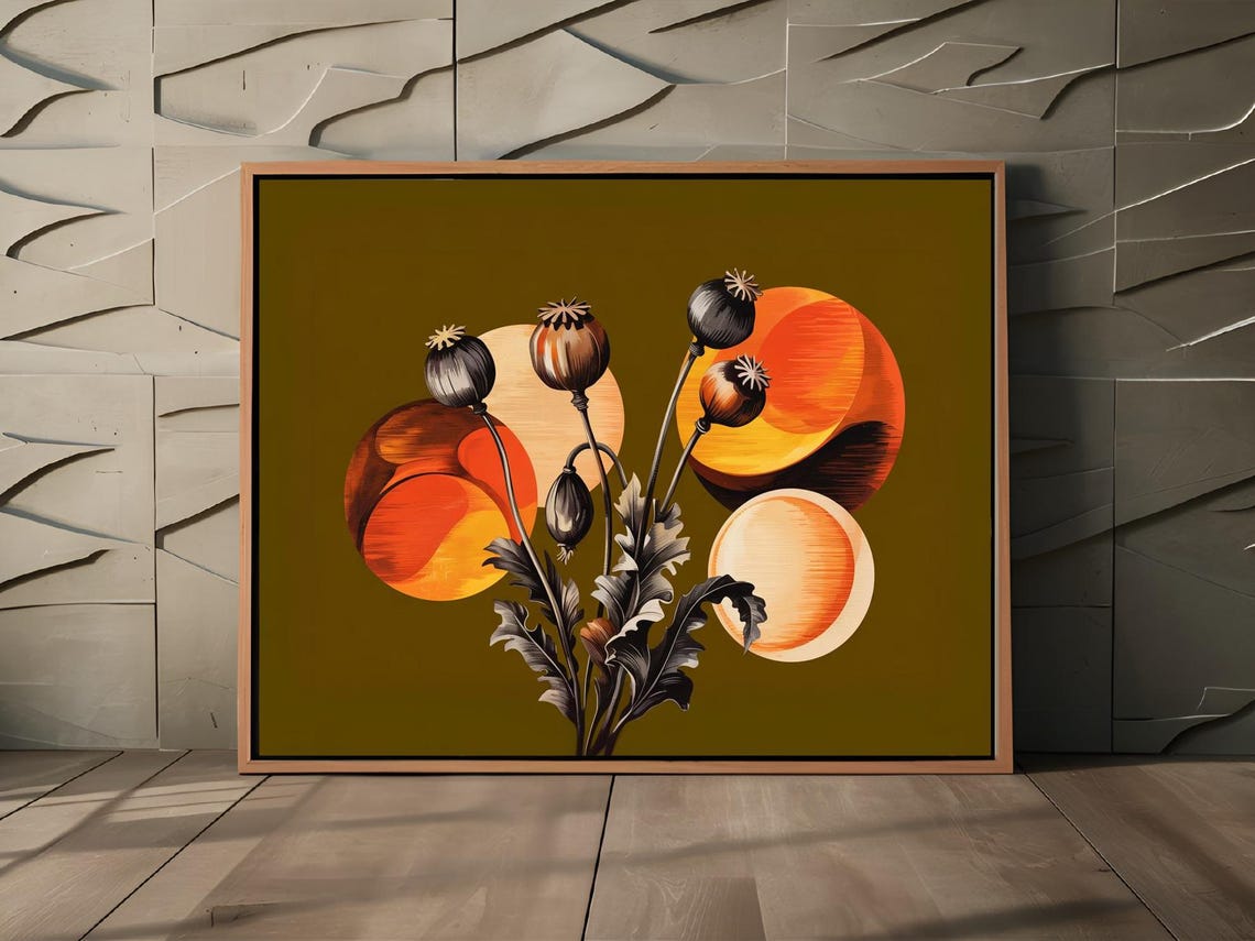 Dried Poppy Pods Sunset Orbs Olive Background Botanical Poster - Image 3